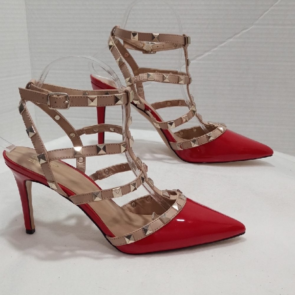 Mix No.6 Heels size 9 1/2 Red and Tan Studded Preppy Ultra High Heel Pointed Toe